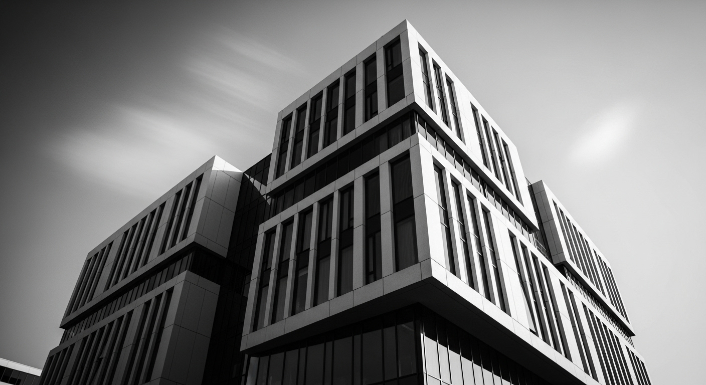 Grayscale architectural facade with sharp lines
